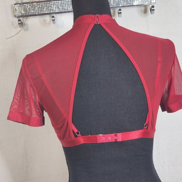 Avidlove Red Mesh Sheer High Neck SS Poly Span Crop Top with Built in Bra Size M - Picture 12 of 16